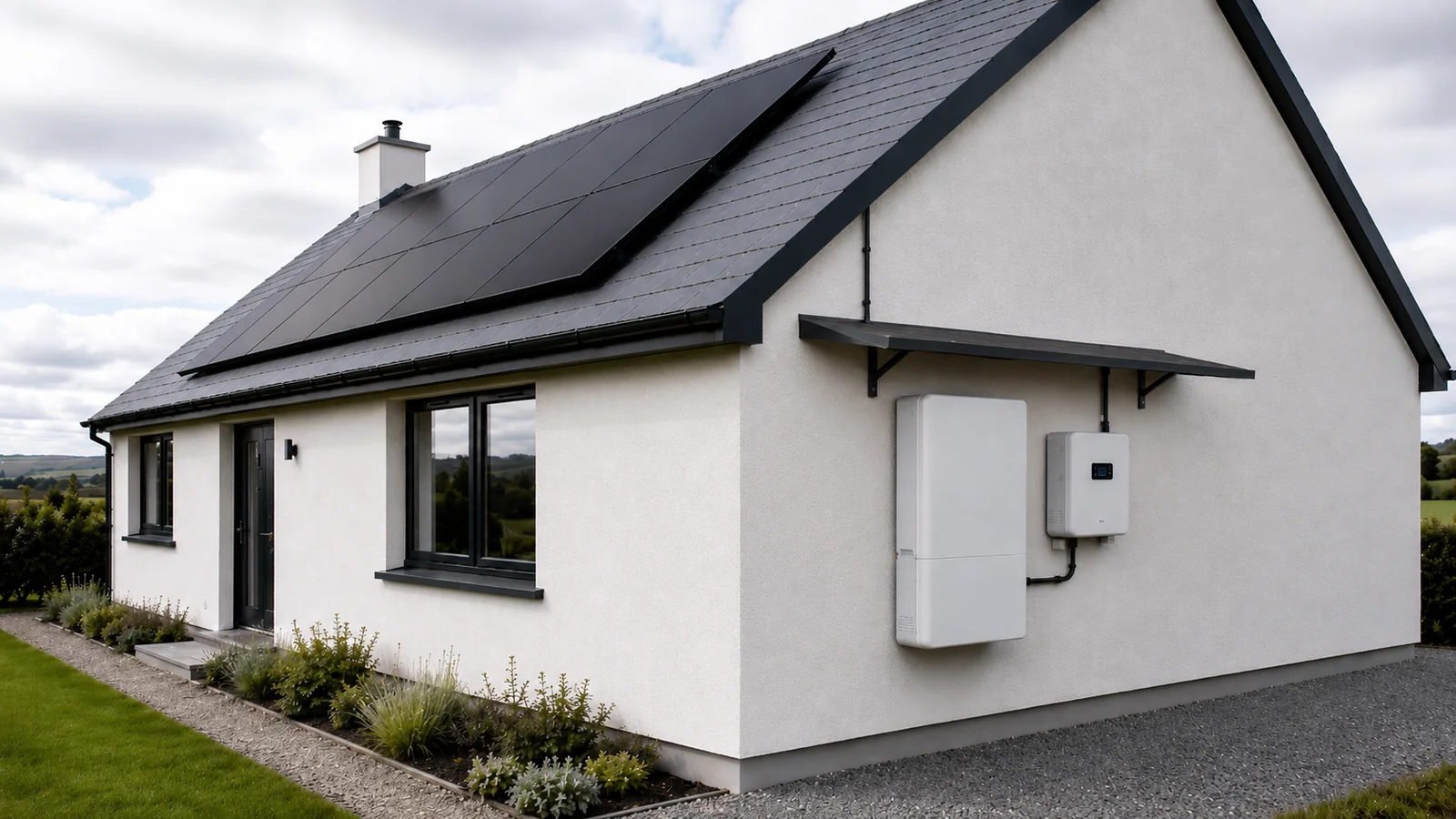 Modern Irish bungalow with black rooftop solar panels and a wall-mounted home battery and inverter under a protective weather hood